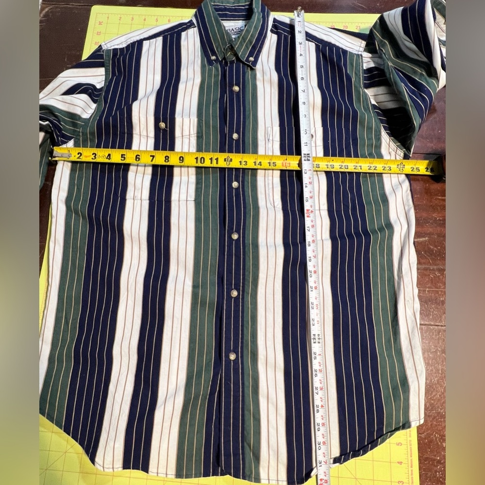 VINTAGE 90s men’s stripe button‎ down shirt 100% cotton blue green casual preppy - Picture 9 of 11